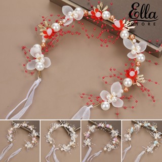 Ellastore123 ที่คาดผม ริบบิ้นไข่มุกเทียม ดอกไม้ โรแมนติก ปรับได้ สไตล์เจ้าหญิง เครื่องประดับผมเจ้าสาว