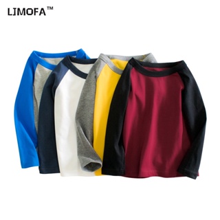 Ljmofa Kids 1-9Y เด็ก แขนยาว เสื้อยืด คอกลม ผ้าฝ้าย เสื้อเชิ้ตแฟชั่น สองสี ลําลอง สวมใส่ด้านใน เด็กผู้ชาย ขายส่ง