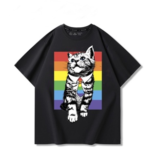 เสื้อยืดแขนสั้นข้อเสนอพิเศษ เสื้อยืด ผ้าฝ้าย พิมพ์ลายแมว LGBT Cat Gay Pride Day แฟชั่นฤดูร้อน สําหรับผู้ชาย