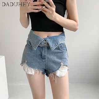 DaDuHey🎈 Ins Womens Korean-Style Retro New Straight High Waist Stretch Jeans Slimming and Wide Leg Split Shorts