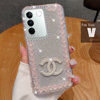 เคส Vivo V29 V27 5G V27E V25 Pro 25e V23 5G V23e V23 Pro V21 5G 4G V20 Pro V20SE โทรศัพท์มือถือ ประดับกลิตเตอร์ พลอยเทียม ลายดอกกุหลาบ 3D ไล่โทนสี หรูหรา สําหรับ