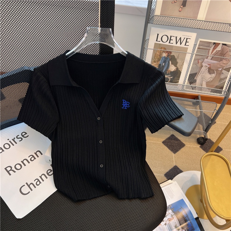 เสื้อเชิ้ตถัก-คอปก-ทรงสลิมฟิต-พิมพ์ลายตัวอักษร-สไตล์เรโทร-แฟชั่นสําหรับผู้หญิง
