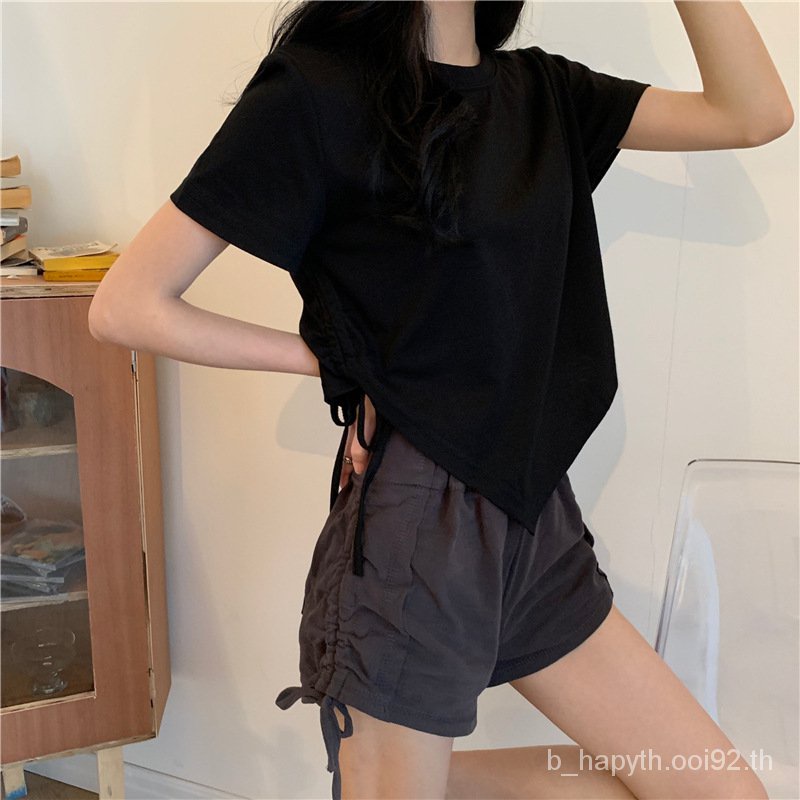 แขนสั้นเชือกรูดแบบสั้นtเสื้อผู้หญิง2023ฤดูร้อนใหม่เวอร์ชั่นเกาหลีinsเสื้อนักเรียนสาวฮอตแมทช์ลุคง่าย