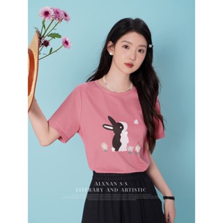 F เสื้อยืดลําลอง แขนสั้น พิมพ์ลายกระต่าย หน้าร้อน สีชมพู สามมิติ สําหรับสตรี MC 2AKC