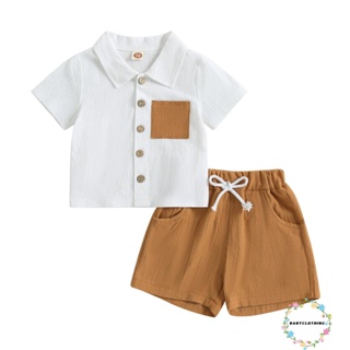 Babyclothes- ชุดเสื้อเชิ้ตแขนสั้น คอปก และกางเกงขาสั้น เอวยางยืด สีตัดกัน แฟชั่นฤดูร้อน สําหรับเด็กผู้ชาย 2 ชิ้น