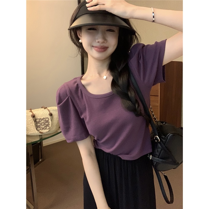 เสื้อยืดแขนสั้น-แขนพัฟ-เข้ากับทุกการแต่งกาย-แฟชั่นฤดูใบไม้ร่วง-สไตล์เกาหลี-คลาสสิก-สําหรับผู้หญิง