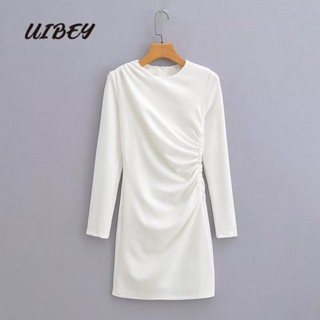 Uibey ชุดเดรส คอกลม แขนยาว สีพื้น แฟชั่น 1545