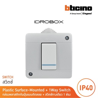 BTicino ชุดกล่องกันฝุ่น (แบบติดลอย)+สวิตซ์ทางเดียว 1ช่อง สีเทา Idrobox IP40,+Switch Phosporescent Grey |25401+AM5001WTLN