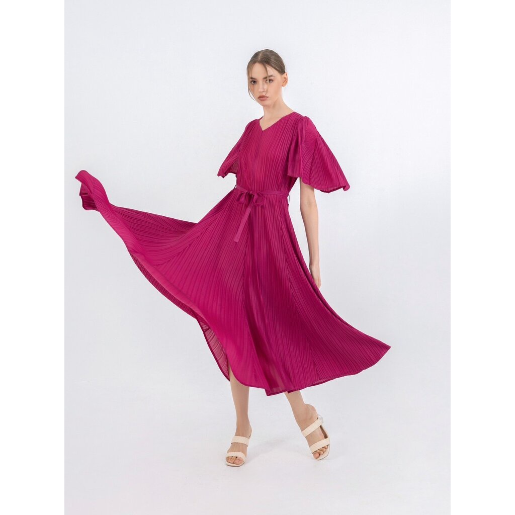 2muay-pleat-เดรสผู้หญิง-เดรสพลีทคุณภาพ-รุ่น-gjo3653-10สี-free-size-v-neck-flare-sleeve-pleat-dress
