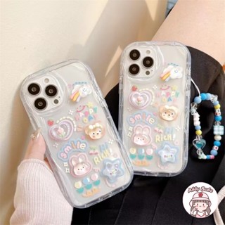 เคส TPU นิ่ม ปิดด้านหลัง ลายกระต่ายน่ารัก สีรุ้ง พร้อมสายคล้องข้อมือ คริสตัล กันเหงื่อ สําหรับ IP 14 Pro Max IP 11 IP 12 11 Pro Max X XS