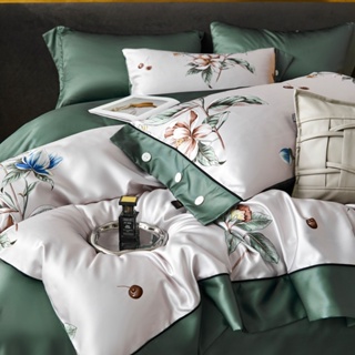 4 IN 1 ชุดเครื่องนอน ผ้าปูที่นอน ปลอกหมอน ผ้าไหม พิมพ์ลายดอกไม้ สัมผัสลื่น ระบายอากาศ ขนาดควีนไซซ์