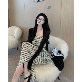 Suspender Skirt Womens Hong Kong-style Retro Loose Elegant A- line Skirt Spring 2023 New Mid-length Skirt Cardigan Two-piece Set