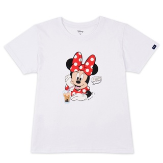 เสื้อยืดสีขาวDisney Mickey Go Womens Milk Tea With Bubble T-Shirt - เสื้อยืดครอบครัวผู้หญิง มิกกี้โกลายชานมไข่มุก  สินค