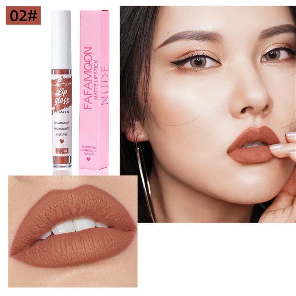 julystar-1pcs-fafamoon-lip-glaze-matte-velvet-lip-nude-ช็อกโกแลตลิปสติก-red-lip-tint-lip-glaze-เกาหลีกันน้ำยาวนานแต่งหน้า