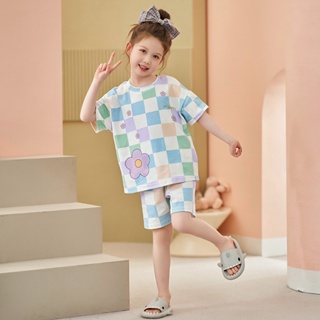 Summer new short-sleeved pure cotton childrens pajamas Cute cartoon plaid childrens home clothes