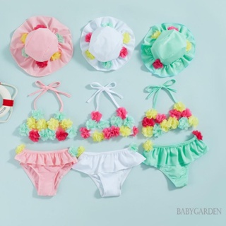 Babygarden-0-24 เดือน เด็กผู้หญิง ชุดว่ายน้ํา 3 ชิ้น ดอกไม้ ตกแต่ง ผูกเชือก คล้องคอ เสื้อกล้าม กางเกงขาสั้น ระบาย หมวกกันแดด บิกินี่ แยกชุดว่ายน้ํา