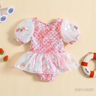 Babygarden-6 เดือน -5 ปี ชุดว่ายน้ํานางเงือก ฤดูร้อน เกล็ดปลา พิมพ์ลาย แขนพัฟ ชุดว่ายน้ําชายหาด ชุดว่ายน้ํา