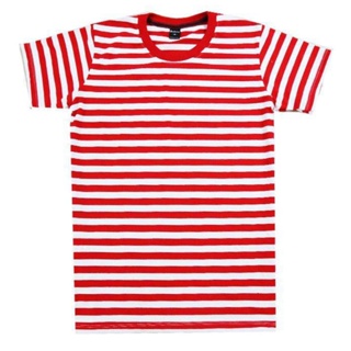 #Coollision -RED 1CM.- เสื้อยืดเเขนสั้นลายทาง สีเเดงสลับขาว ริ้ว 1 ซม.เสื้อลายทาง unisex