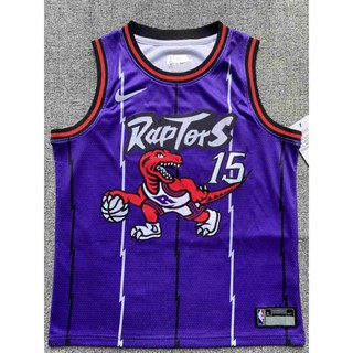 เสื้อกีฬาบาสเก็ตบอลแขนสั้น ลายทีม Toronto Raptors No.15 สีม่วง สําหรับเด็กผู้ชาย