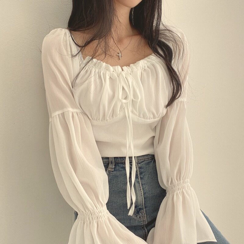 เสื้อครอปท็อป-ผ้าชีฟอง-คอสี่เหลี่ยม-แขนบาน-สไตล์เกาหลี-สําหรับผู้หญิง