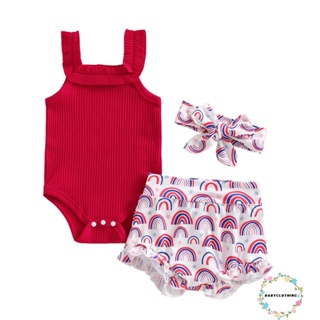 Babyclothes- ชุดรอมเปอร์ แขนกุด สีแดง และกางเกงขาสั้น พิมพ์ลายสายรุ้ง และที่คาดผม แฟชั่นฤดูร้อน สําหรับเด็กผู้หญิง