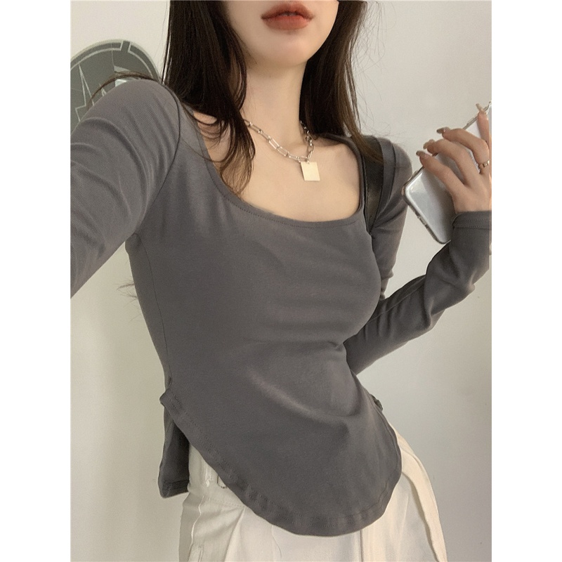 เสื้อตัวในแขนยาวผู้หญิงฤดูใบไม้ร่วงและฤดูหนาวลำลองขนาดใหญ่uเสื้อคอปกนักเรียนเข้ารูปแบบบางใส่ด้านในดูผิดปกติtเสื้อ