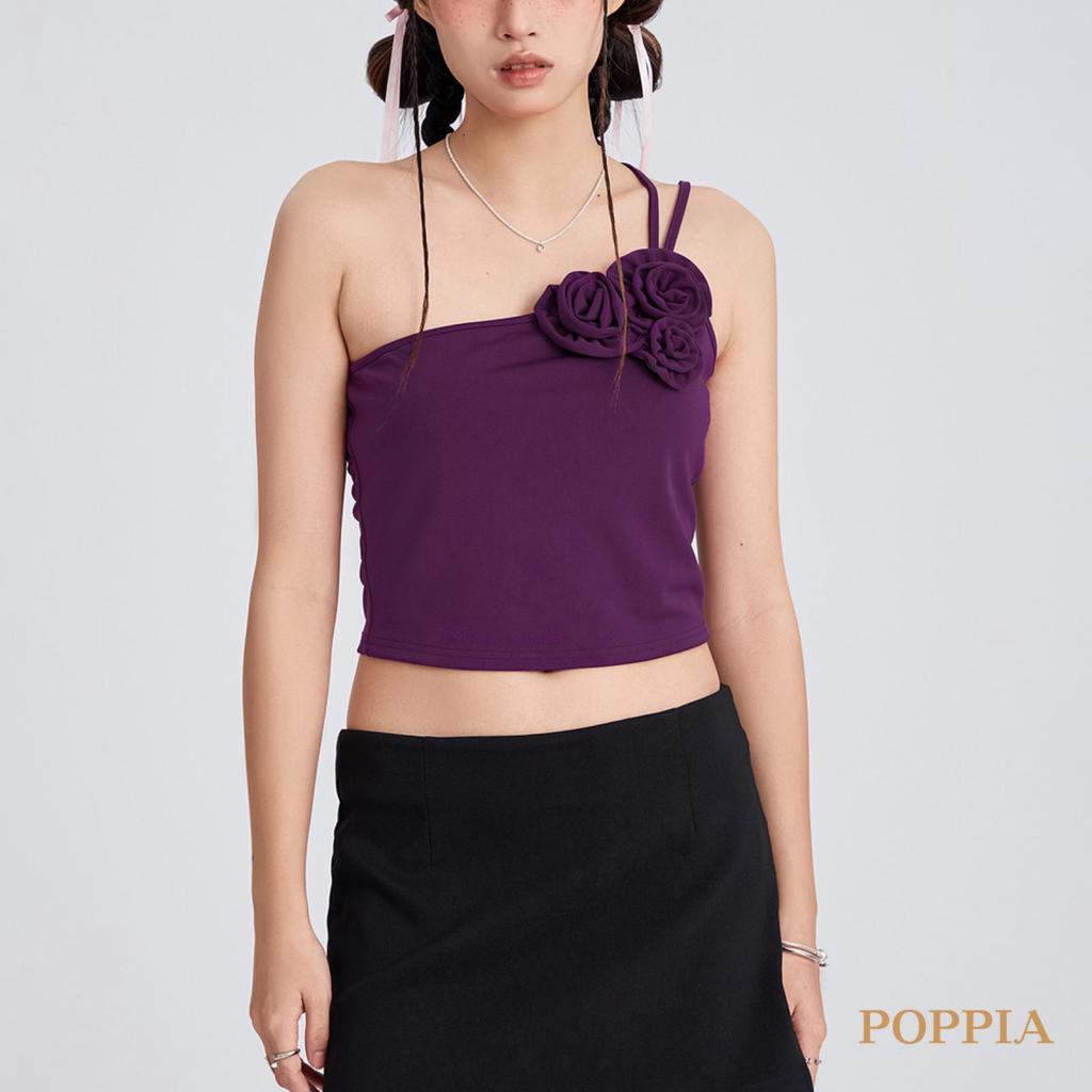 poppia-เสื้อสายเดี่ยว-แขนกุด-เปิดไหล่ข้างเดียว-ลายดอกไม้-3d-สําหรับผู้หญิง