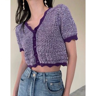 Lu Qingyi เสื้อแขนสั้น ผ้าถัก สีม่วง ขนาดเล็ก เหมาะกับฤดูใบไม้ผลิ และฤดูร้อน สําหรับผู้หญิง H1KR