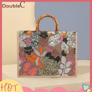 【Double C 】✿   กระเป๋าช้อปปิ้ง ผ้าลินิน ปักเลื่อม ทรงกลม ปักลายดอกไม้ มีซิป