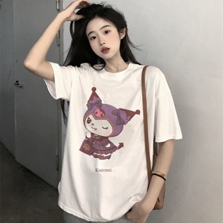 Kuromi เสื้อยืดผู้หญิงผ้าฝ้ายแฟชั่นเสื้อยืด Kawaii Sanrio Melody Cinnamoroll การ์ตูนฮาราจูกุเสื้อผ้าลำลอง streetwear Y2K