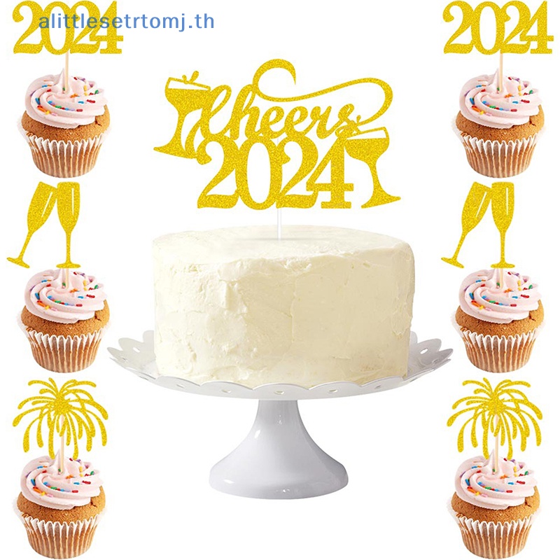 alittlese-ท็อปเปอร์ไม้จิ้มฟัน-ลาย-happy-new-year-2024-2024-สําหรับตกแต่งเค้ก-ปาร์ตี้คริสต์มาส-2024