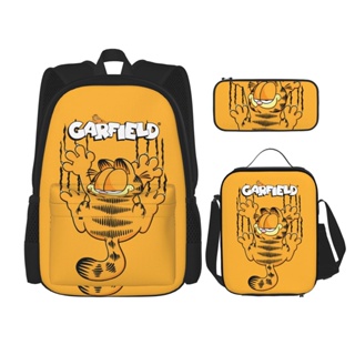 Garfield ชุดกระเป๋าเป้สะพายหลัง 3 ชิ้น พร้อมกระเป๋าใส่หนังสือ และกล่องอาหารกลางวัน สําหรับเด็กผู้ชาย และเด็กผู้หญิง