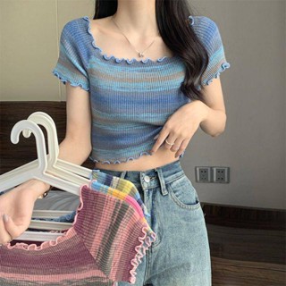 เสื้อยืดแขนสั้น ลายทาง แฟชั่นฤดูร้อน สําหรับผู้หญิง 2023