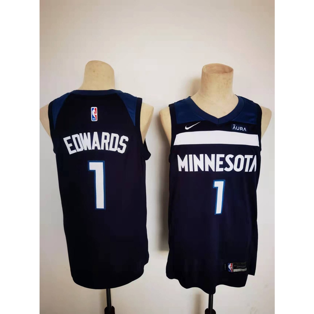 minnesota-timberwolves-1-anthony-edwards-เสื้อบาสเก็ตบอลสีดำของผู้ชายสั้น-เสื้อยืดกีฬา