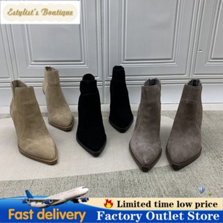 R1425 Vince Camuto2022 รองเท้าบูทส้นสูง หนังวัวแท้ หัวแหลม หนา 3 นิ้ว สีนู้ด แฟชั่นฤดูใบไม้ร่วง ฤดูหนาว สําหรับผู้หญิง 8 8.5