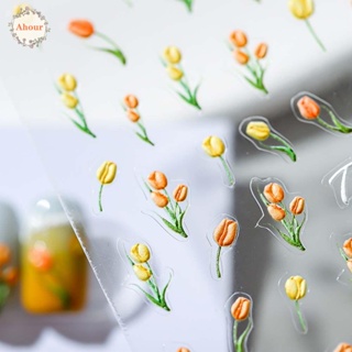 Ahour สติกเกอร์ ลายดอกไม้ ดอกทิวลิป 5D มีกาวในตัว แฟชั่น สไตล์ญี่ปุ่นเรโทร สําหรับติดตกแต่งเล็บ DIY