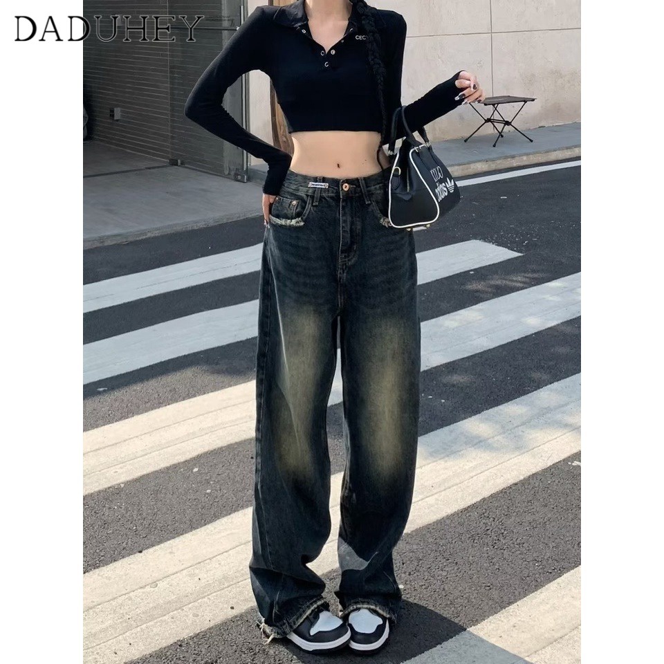 daduhey-new-korean-style-retro-washed-jeans-women-high-waist-raw-edge-wide-leg-pants-casual-mop-loose-trousers