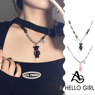 A HELLO GIRL ใหม่ สร้อยคอพู่ จี้หมี สีชมพู สีดํา สไตล์ฮิปฮอป สําหรับผู้หญิง