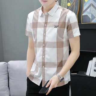 เสื้อเชิ้ตแขนสั้น ลายสก๊อต ป้องกันริ้วรอย แฟชั่นฤดูร้อน สําหรับผู้ชาย 2022
