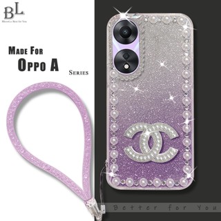 เคส Oppo A78 5G A77s A17 A17K A57 2022 A78 5G A96 A76 A95 A55 A95 A74 5G A54 โทรศัพท์มือถือ ประดับมุก พลอยเทียม กลิตเตอร์ ระยิบระยับ 3D พร้อมสายคล้องมือ สําหรับ