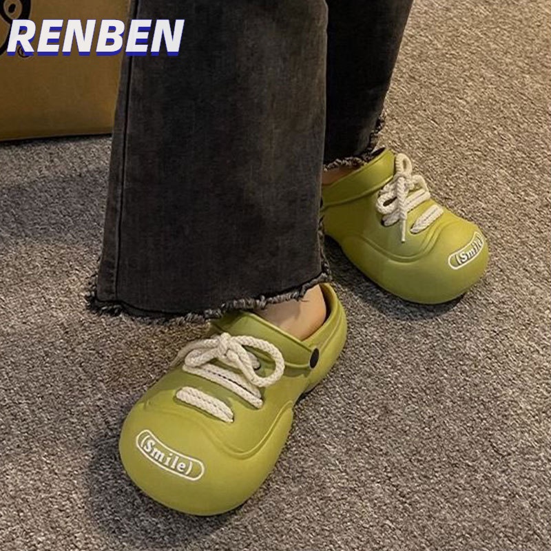 renben-สไตล์หวานและเท่-รองเท้าผูกเชือก-รองเท้าแตะแจ๊กเก็ตสีทึบใหม่ของผู้หญิงและรองเท้าแตะกึ่งเลื่อน