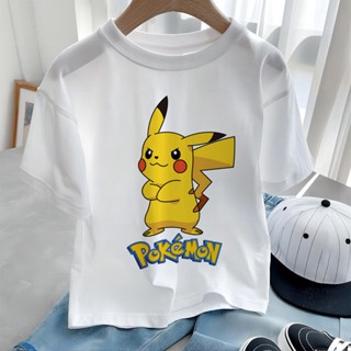 เสื้อยืดแขนสั้น ผ้าฝ้าย พิมพ์ลายการ์ตูนเอลฟ์ ปิกาจูน่ารัก สีเหลือง แฟชั่นฤดูร้อน สําหรับเด็กผู้ชาย 2023