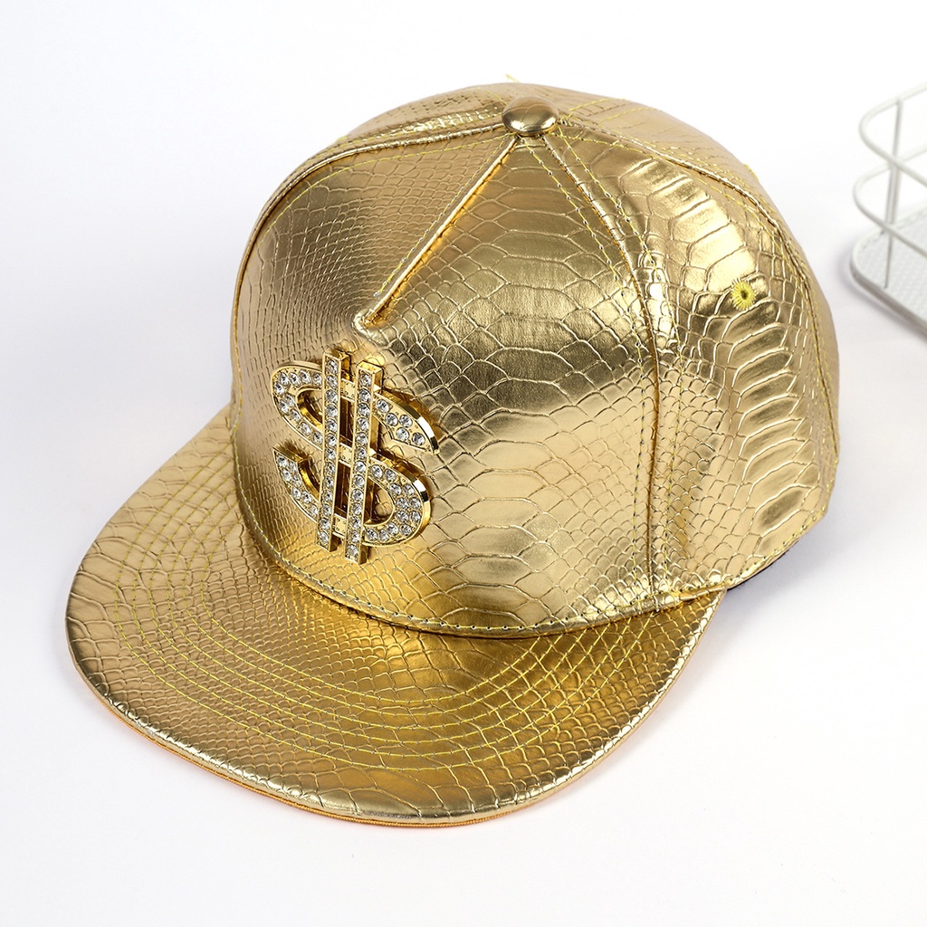 หมวกเบสบอล-หมวกปีกแบน-กันแดด-ลายสัญลักษณ์ดอลลาร์-สีทอง-แนวสตรีท-สไตล์เกาหลี-ฮิปฮอป
