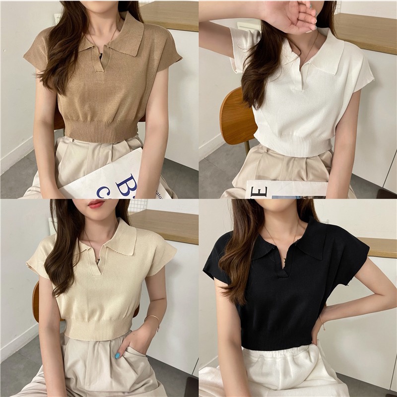 dodo-พร้อมส่ง-เสื้อคอปกทรงครอปผ้านิ่มใส่สบายมากค่าอิอิ-แขนกุดคอปก-k282