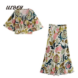 Uibey เสื้อแขนสั้น คอวี พิมพ์ลาย + กระโปรงยาวครึ่งหนึ่ง แฟชั่น 9466