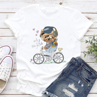 เสื้อยืดแขนสั้นลําลอง พิมพ์ลายหมีน่ารัก สีขาว แฟชั่นสําหรับผู้หญิง