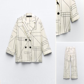 Zara เสื้อเบลเซอร์ 23 สไตล์ใหม่ ฤดูใบไม้ร่วง พิมพ์ลายเรขาคณิต ชุดลําลอง + กางเกงขากว้าง7484322 7484222
