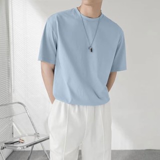 เสื้อยืดคอกลม แขนสั้น ผ้าฝ้าย 100% ทรงหลวม สีพื้น สไตล์เกาหลี เหมาะกับฤดูร้อน สําหรับผู้ชาย