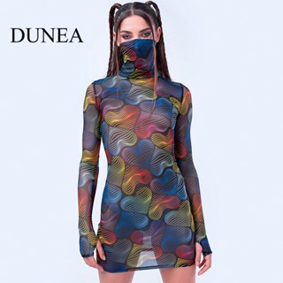 Dunea ชุดมินิเดรส คอสูง แขนยาว ผ้าตาข่าย พิมพ์ลาย เซ็กซี่ สําหรับผู้หญิง