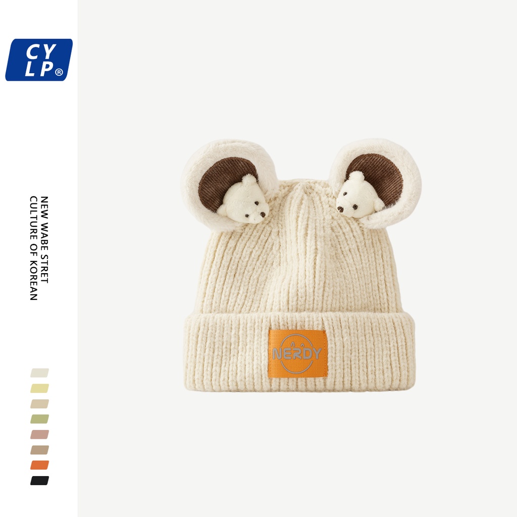 หมวกถัก-ผ้าวูล-แบบหนา-ให้ความอบอุ่น-ลายหูหมีน่ารัก-แฟชั่นฤดูใบไม้ร่วง-และฤดูหนาว-สไตล์เกาหลี-สําหรับผู้หญิง